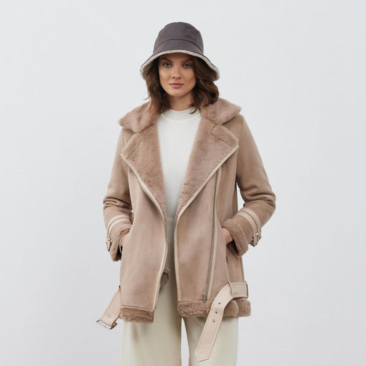 Imitation leather jacket with fur - Beige
