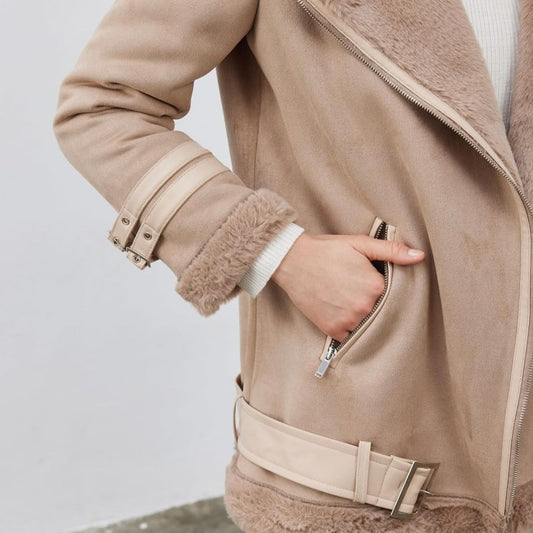 Imitation leather jacket with fur - Beige