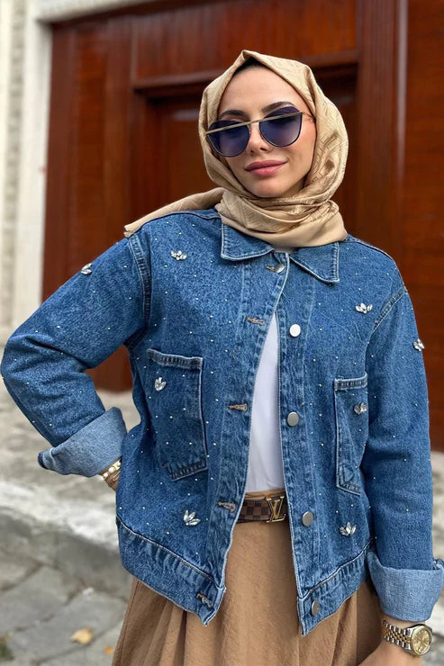 Taşlı denim ceket - Denim
